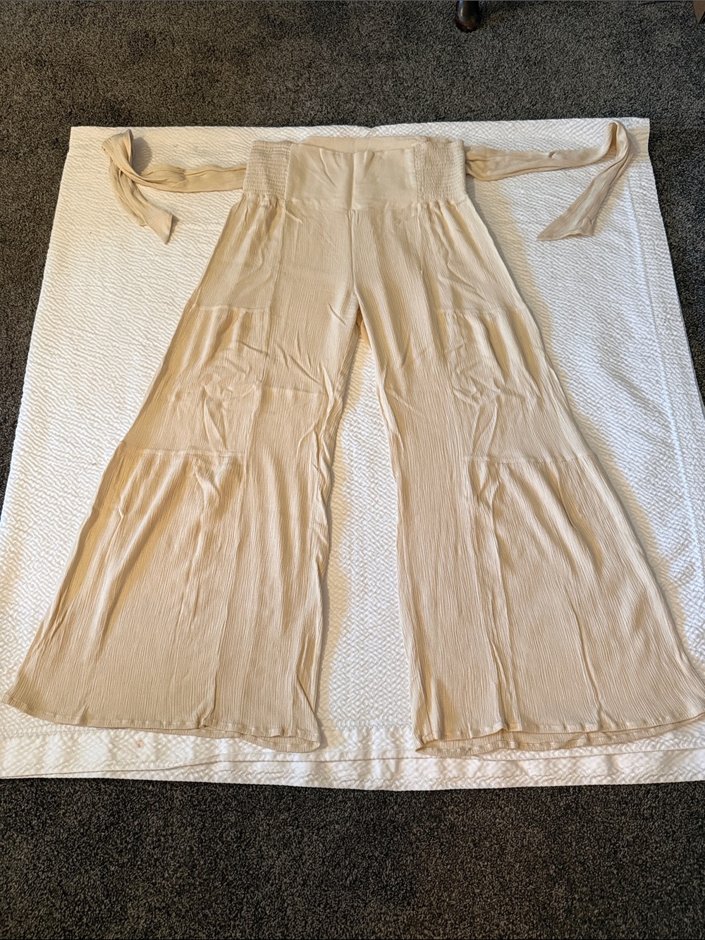 Smocked High-Waist Wide-Leg Pants in Cream